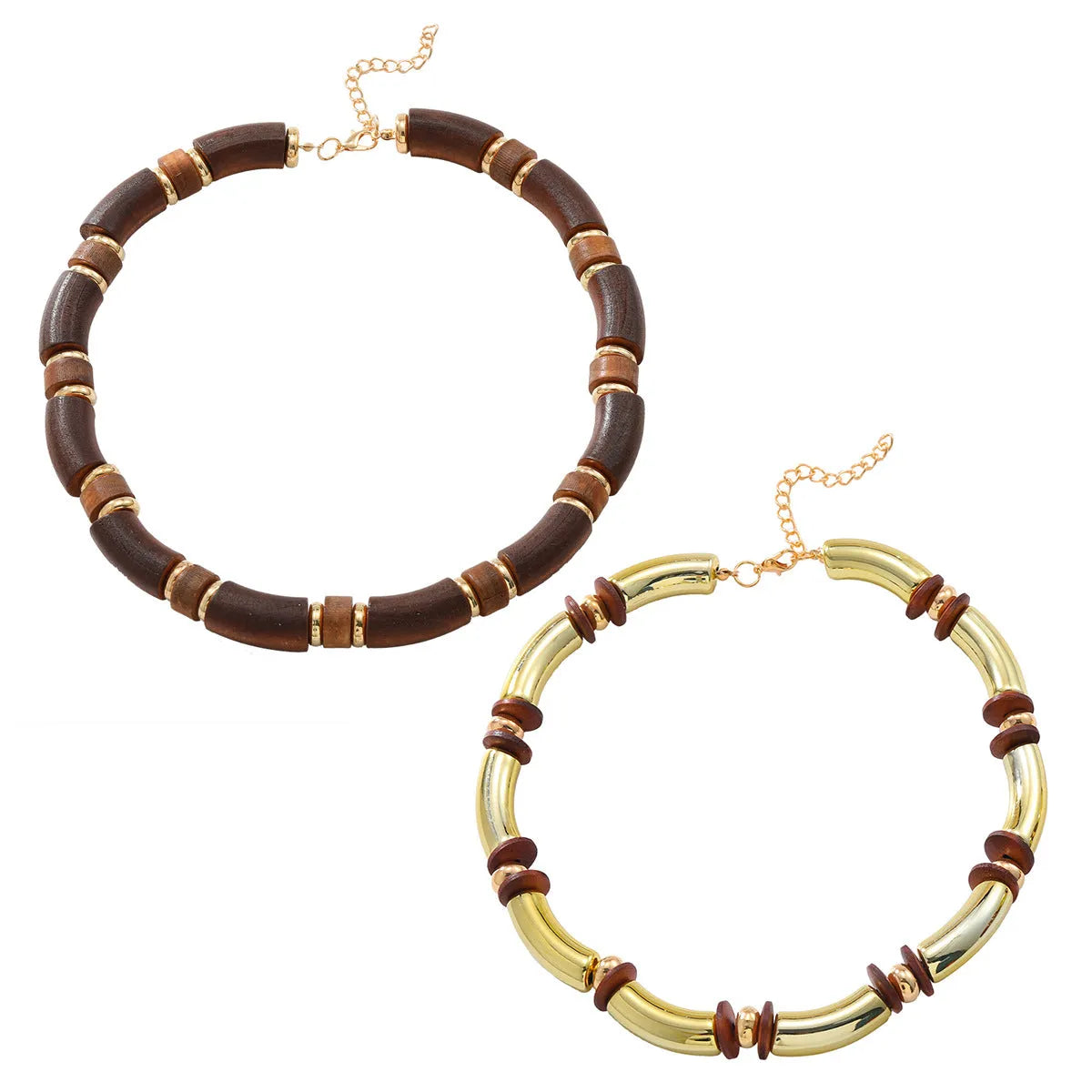 Women's exaggerated multi-layer wooden necklace and bracelet set in alloy with round pendant design