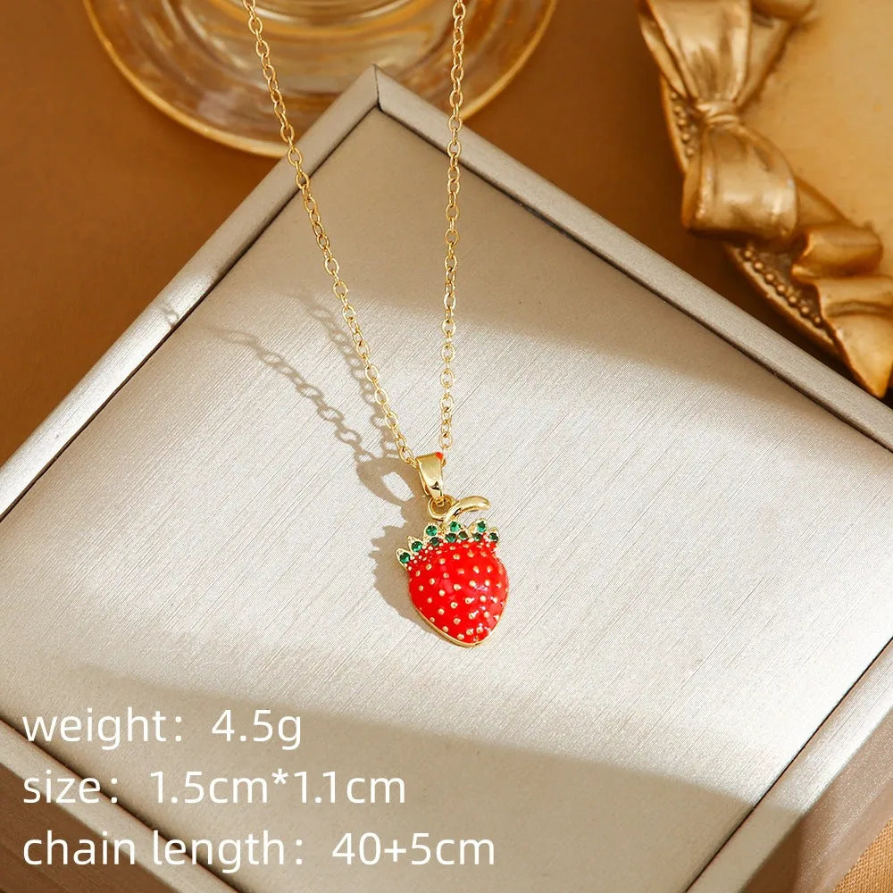 Titanium steel women's necklace with cherry, strawberry and pepper charms on O-ring chain