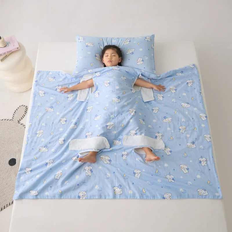 Anti-kick summer blanket in a themed colour like Cloud Bear Star Dream, shown with a matching pillowcase.