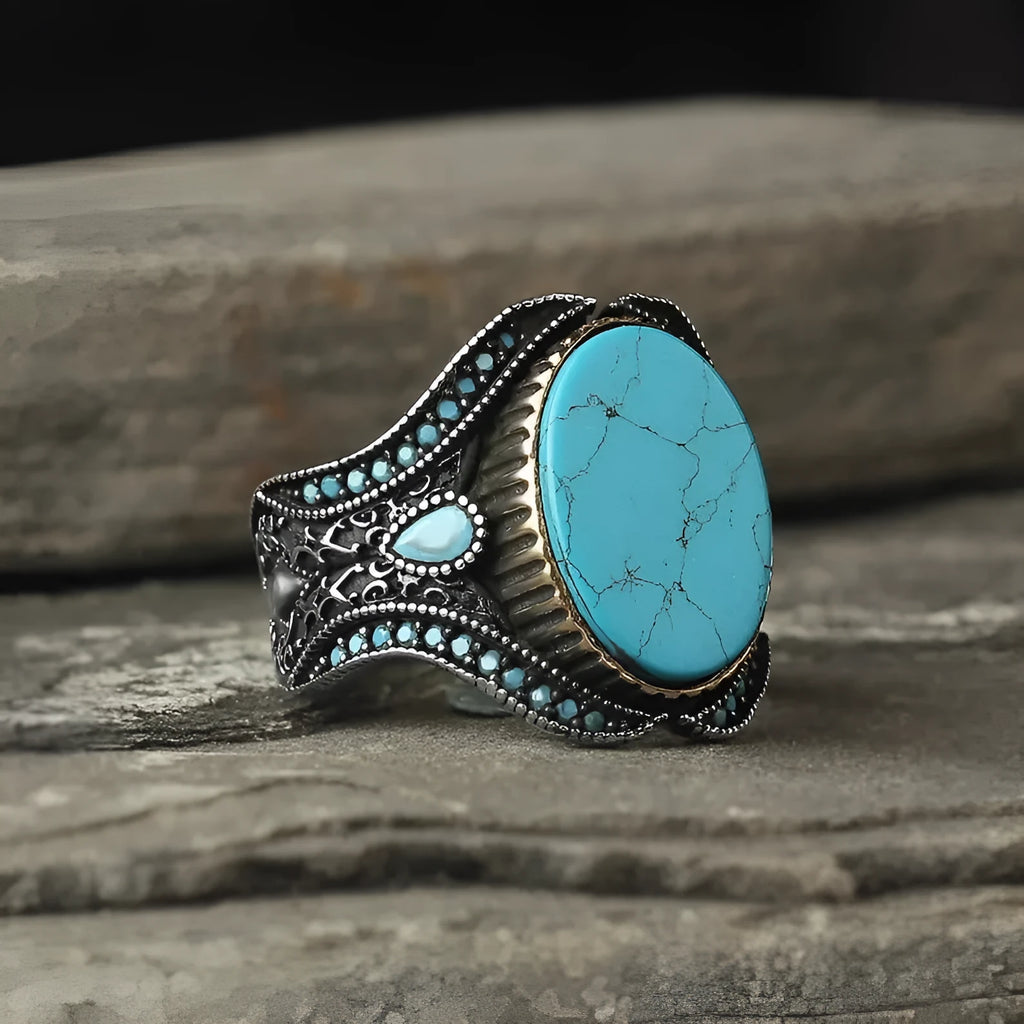 Men's antique silver turquoise alloy ring showing round band design