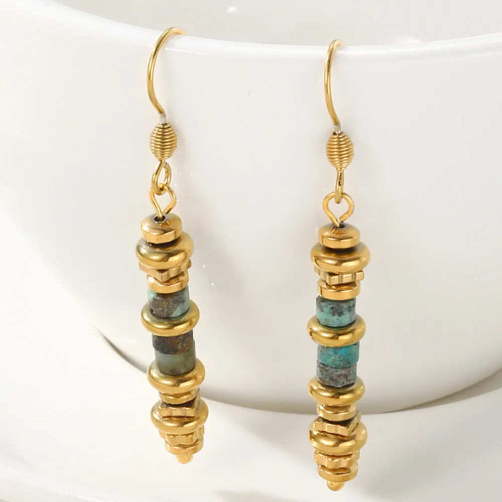 Silver geometric titanium steel dangle earrings with retro design and 18K plating