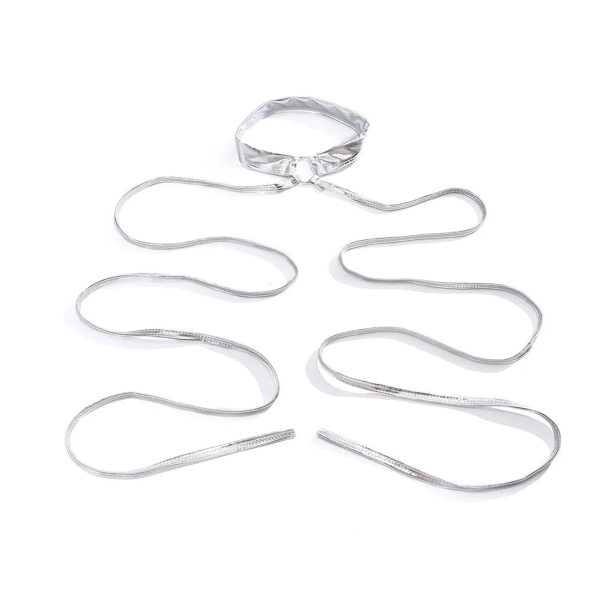 Silver-coloured adjustable thigh chain with lace-up cross design and geometric shape