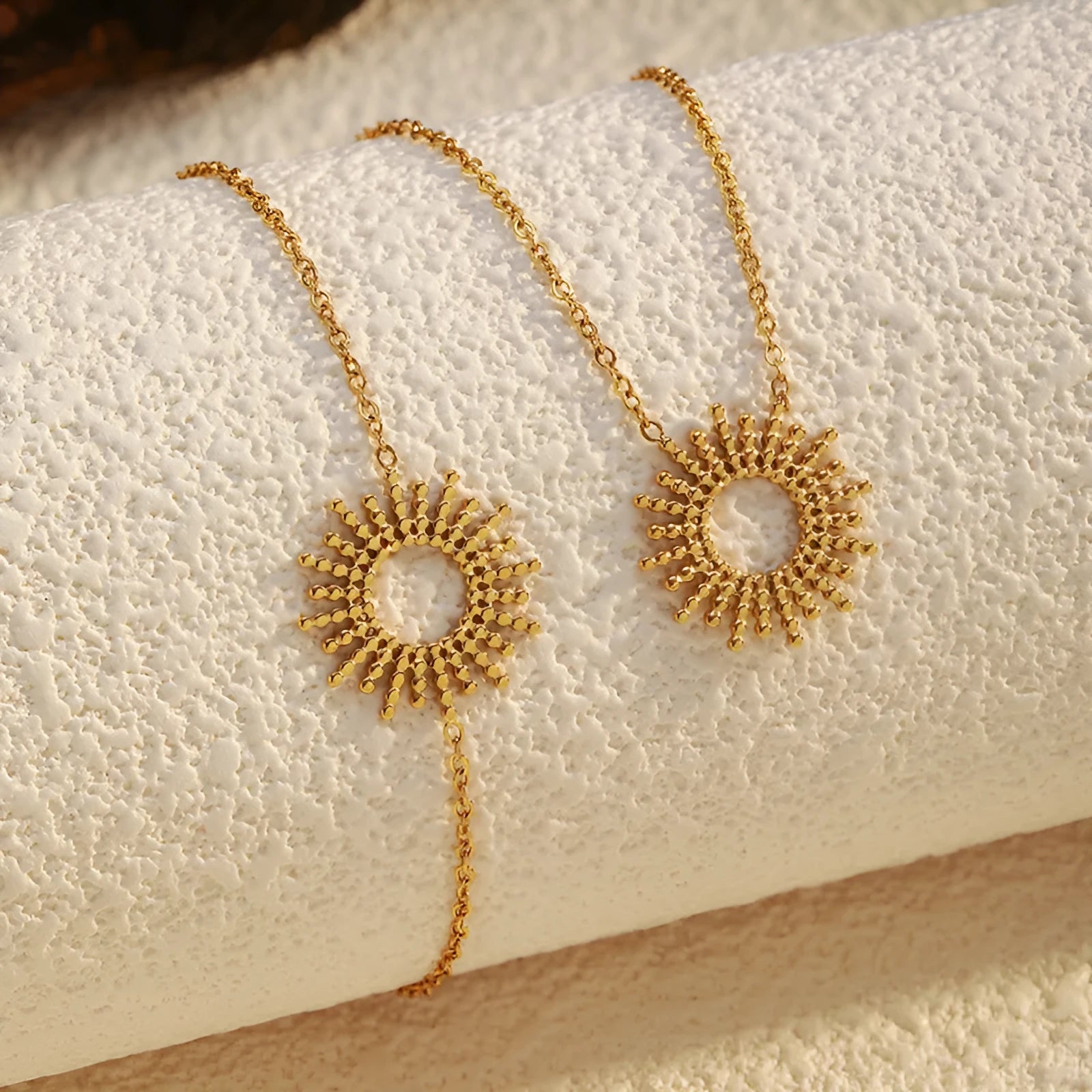 Gold plated stainless steel sunflower necklace and bracelet set with geometric chain design for women