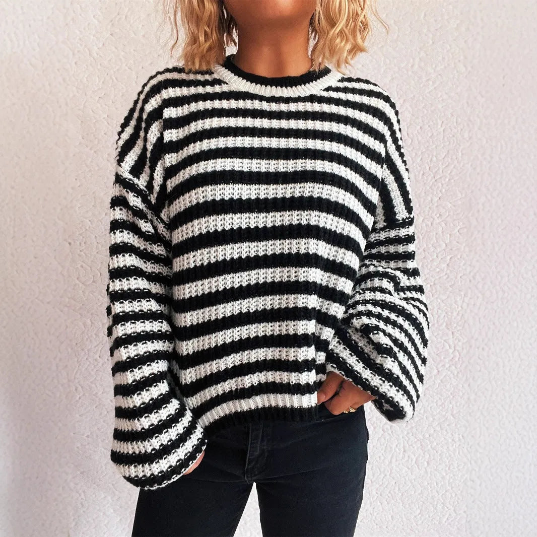 Women's vintage stripe knitted pullover sweater with round neck and long sleeves in loose fit