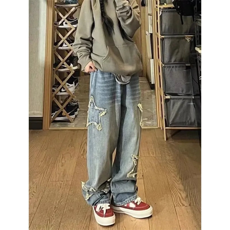 Blue women's straight-leg jeans with high waist design showing front and back views