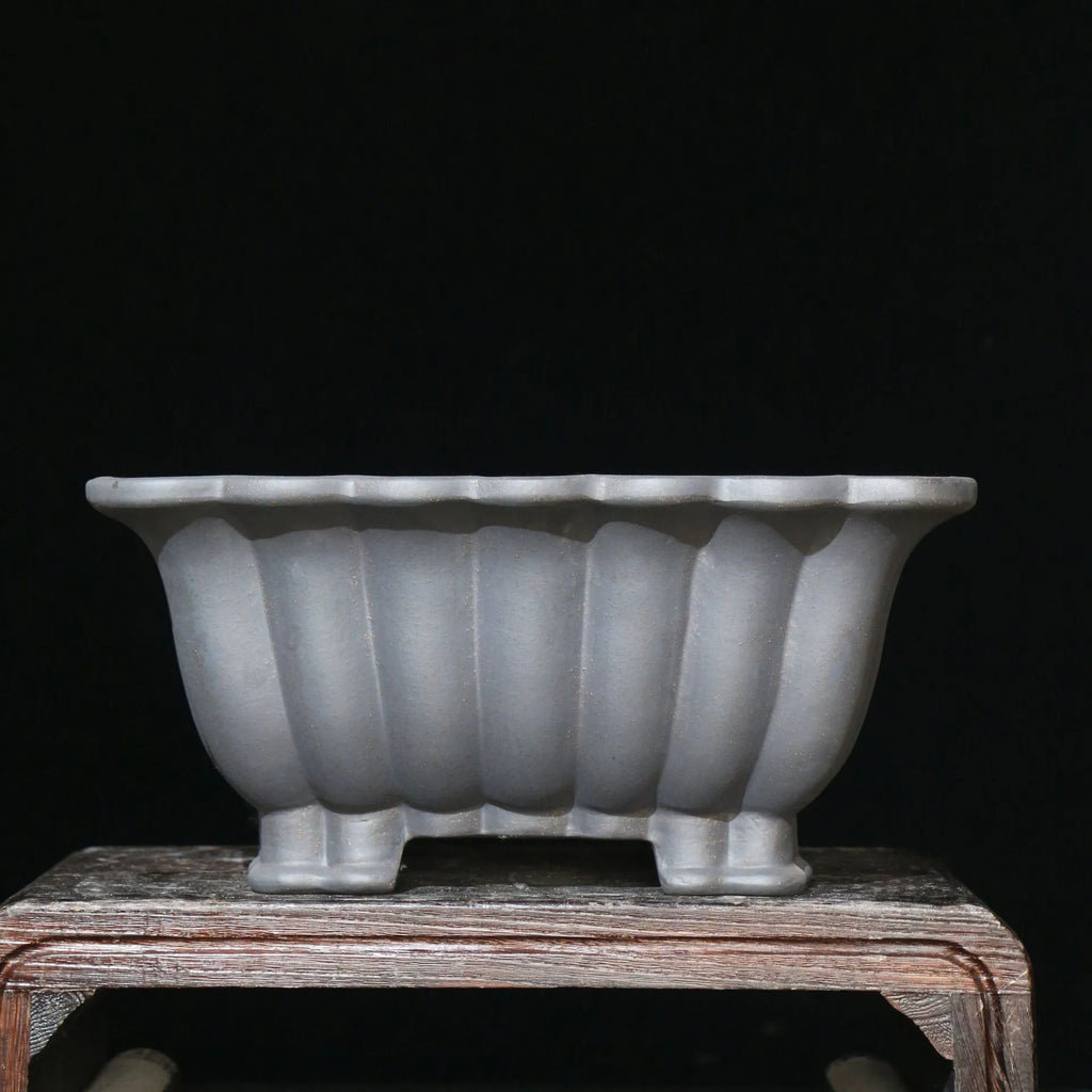 Square purple sand ceramic bonsai pot with classical styling for desktop plants, measuring 37x15cm