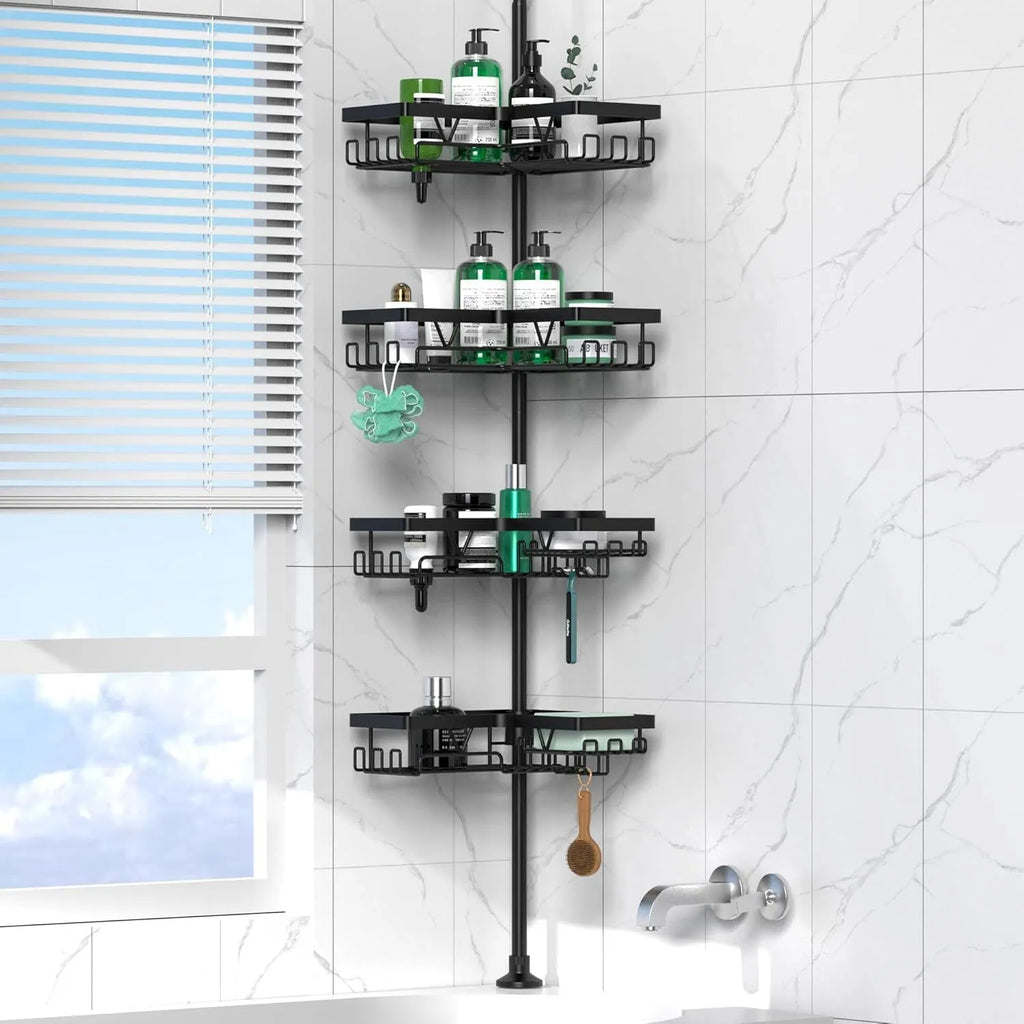 Retractable four-layer bathroom storage rack with stainless steel construction and hole-free installation system