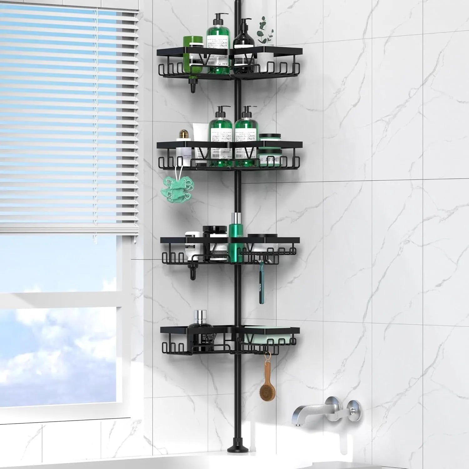 Retractable four-layer bathroom storage rack with stainless steel construction and hole-free installation system