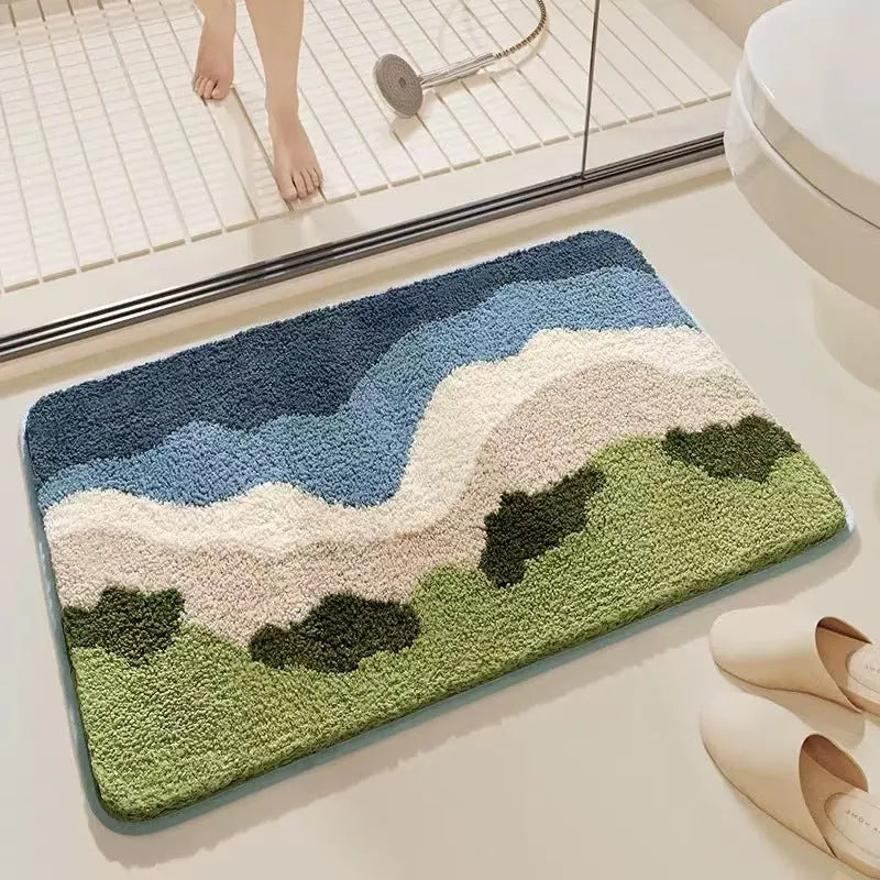 Sky Sea colour Rainbow print imitation cashmere floor mat with plastic anti-slip bottom, shown in square format.