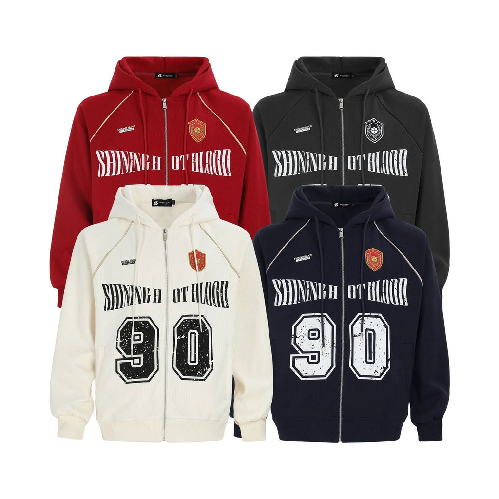 Women's American retro hooded cardigan jacket with letter embroidery in four colour options