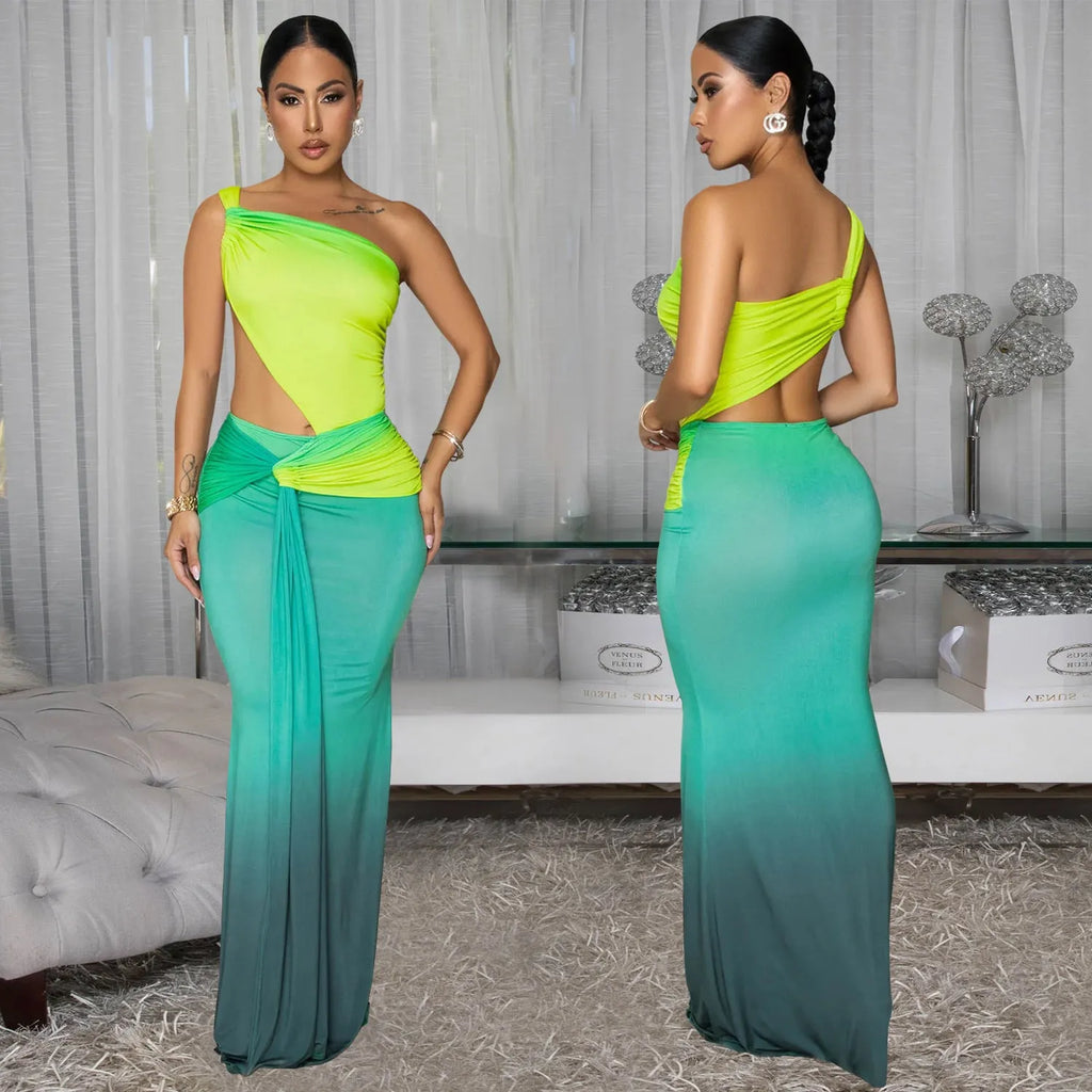 Women's gradient colour cross-shoulder summer dress in polyester fabric