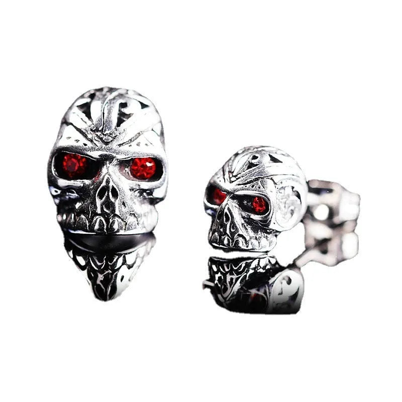 Retro skull stud earrings with red eye detailing and alloy artificial gemstone inlay