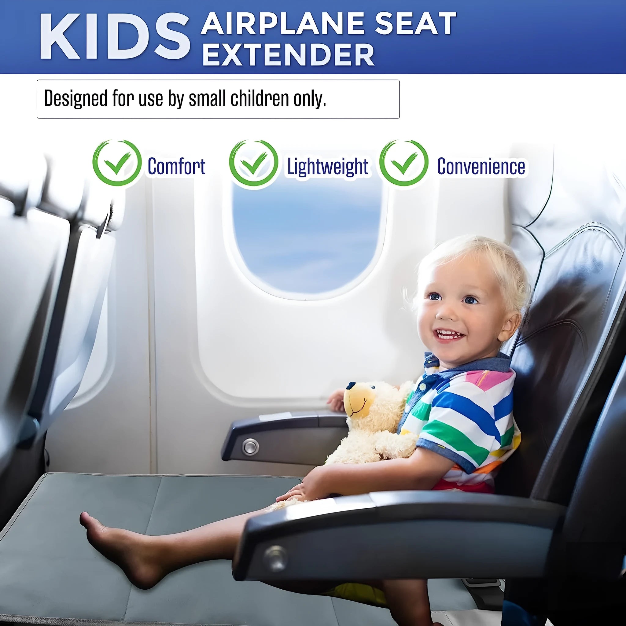 Portable children's aircraft pedal seat extender with extension device and drawstring storage pocket in blue colour