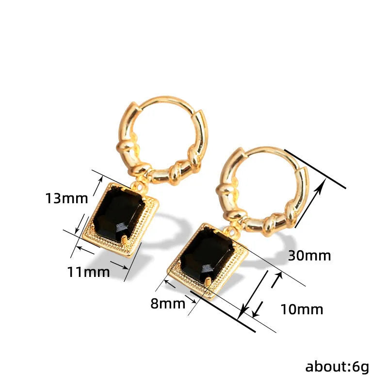 Black geometric quadrilateral zircon earrings with French court retro styling in copper construction