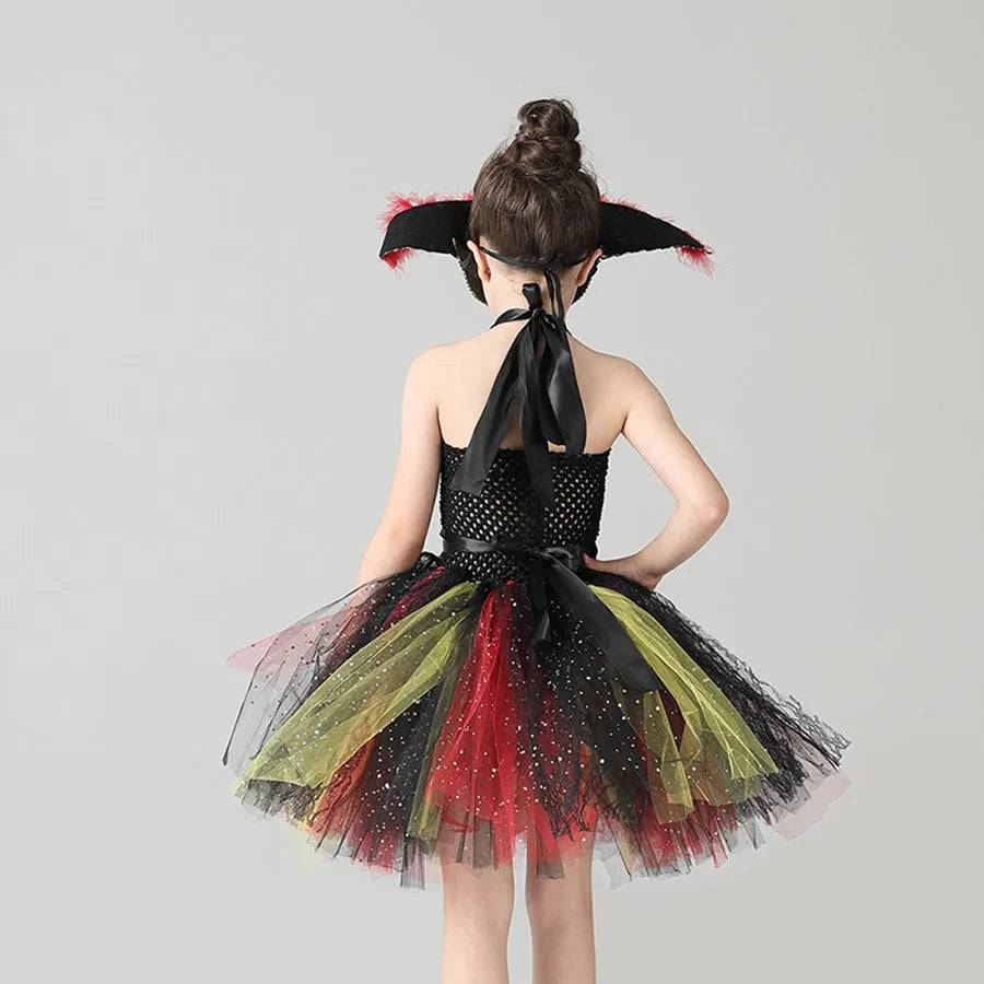 Girls pirate costume dress with sequin trim and gauze panels in sleeveless design for Halloween events