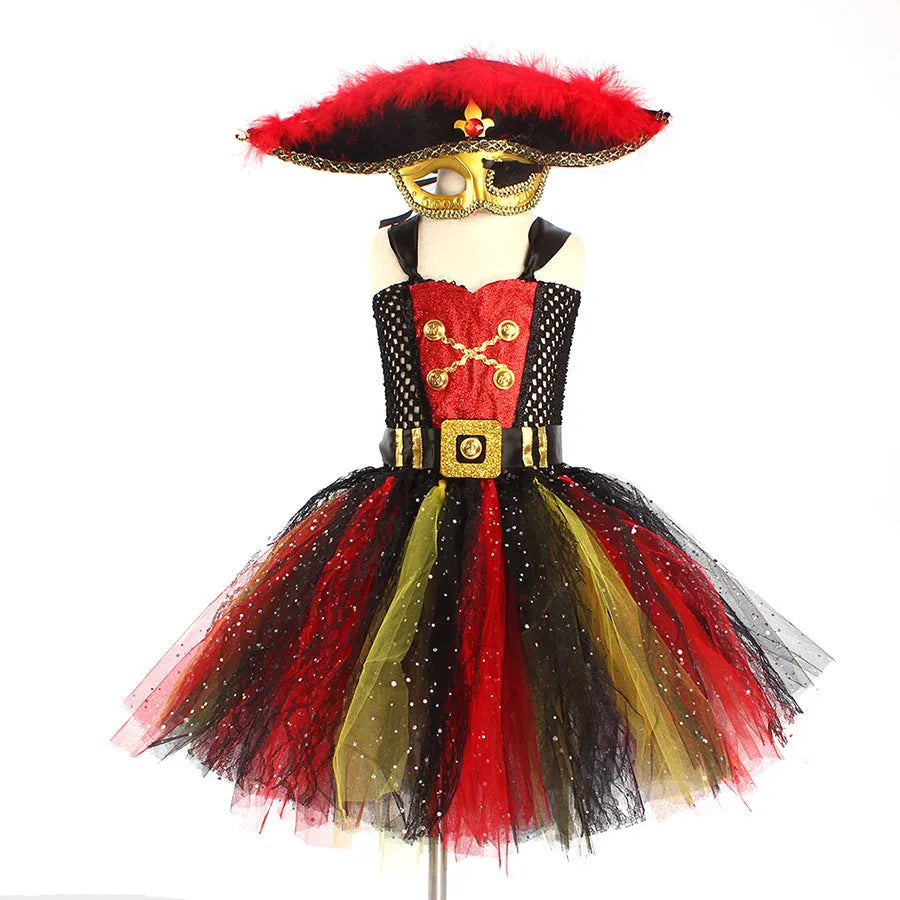 Girls pirate costume dress with sequin trim and gauze panels in sleeveless design for Halloween events