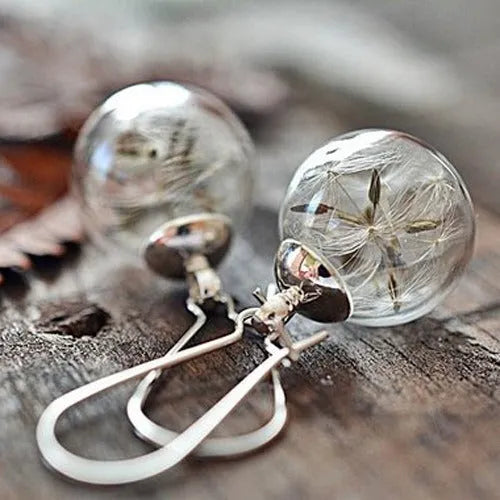 Transparent glass ball earrings with dandelion seed design on a French hook in silver finish.