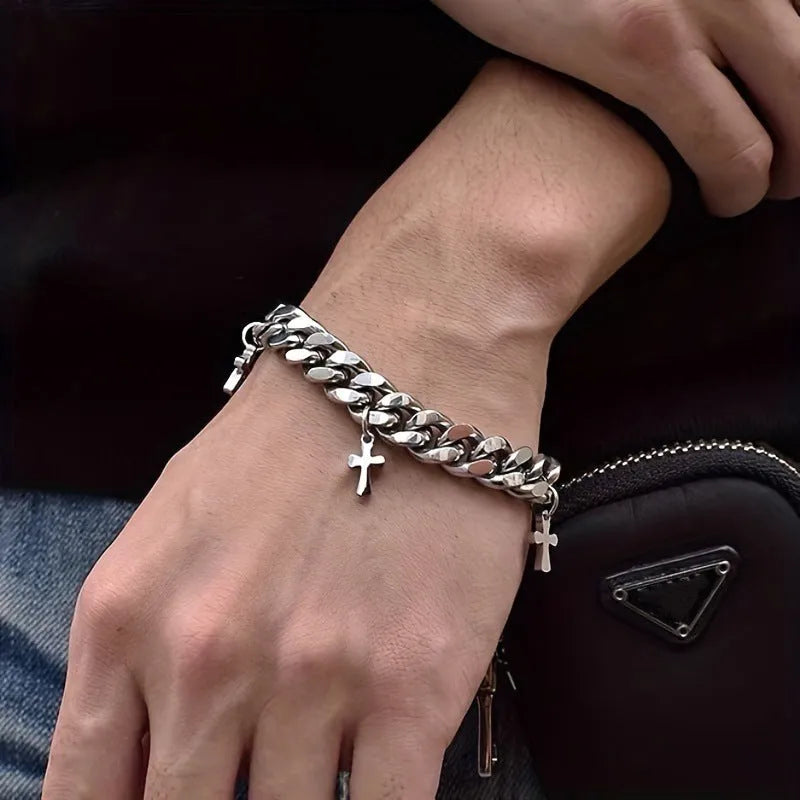 Men's geometric cross bracelet in titanium steel with adjustable closure