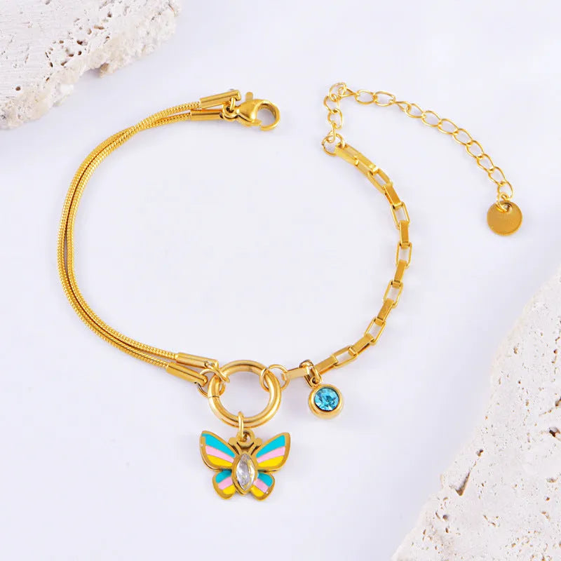 Gold titanium steel butterfly necklace and bracelet set with snake bone chain