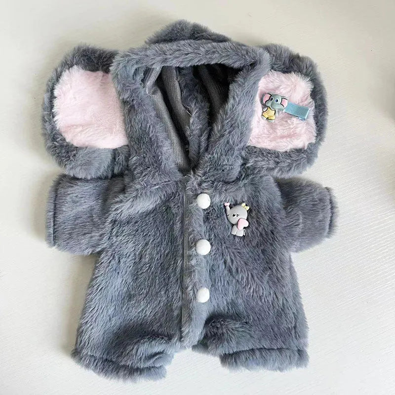 Grey plush elephant jumpsuit doll clothing for 30cm teddy bears.