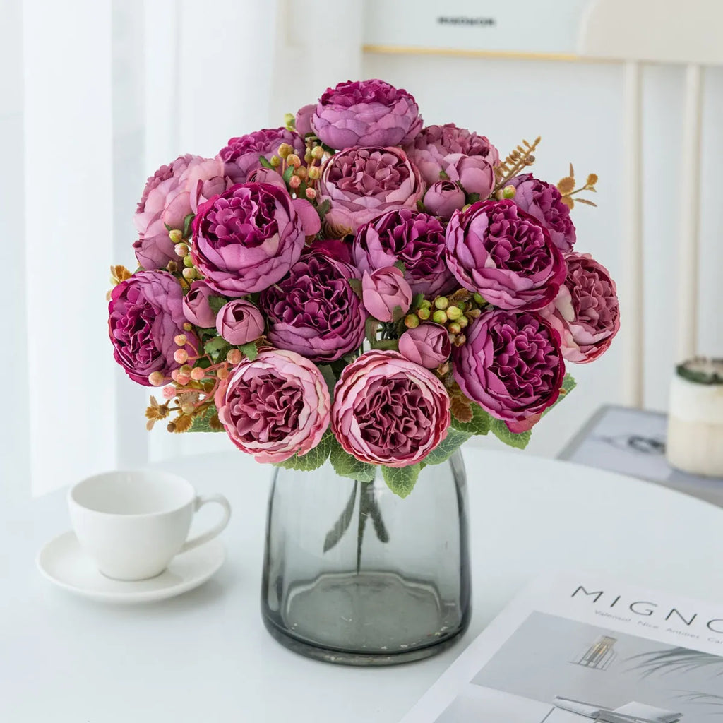 Silk artificial peony flower bouquet in multiple colour options including champagne and sand red.