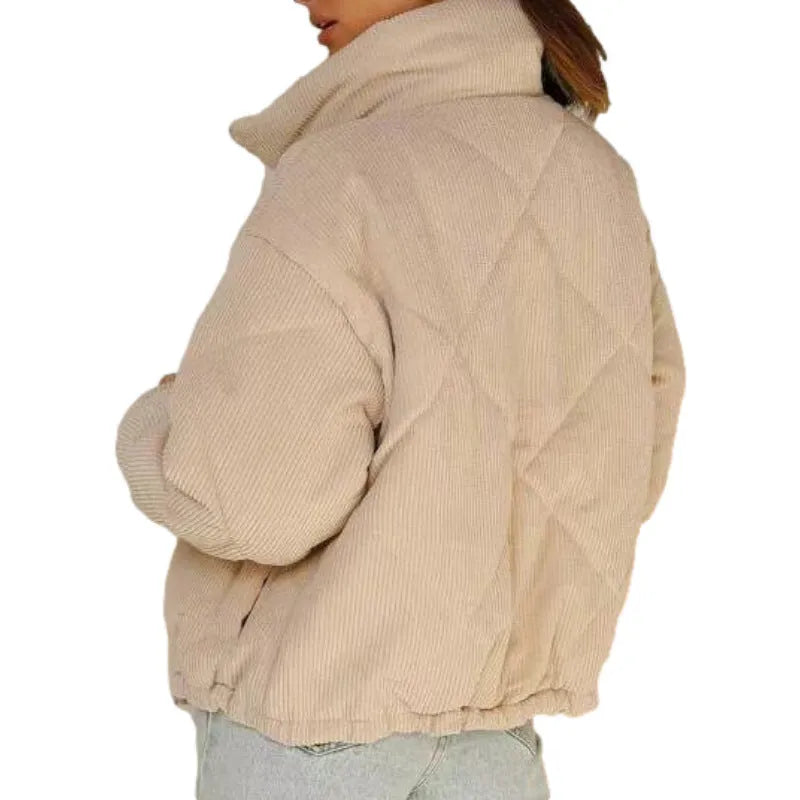 Apricot women's corduroy zip jacket with a stand collar and long sleeves.