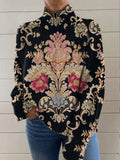 Black line 3D pattern printed turtleneck long sleeve sweater with loose fit