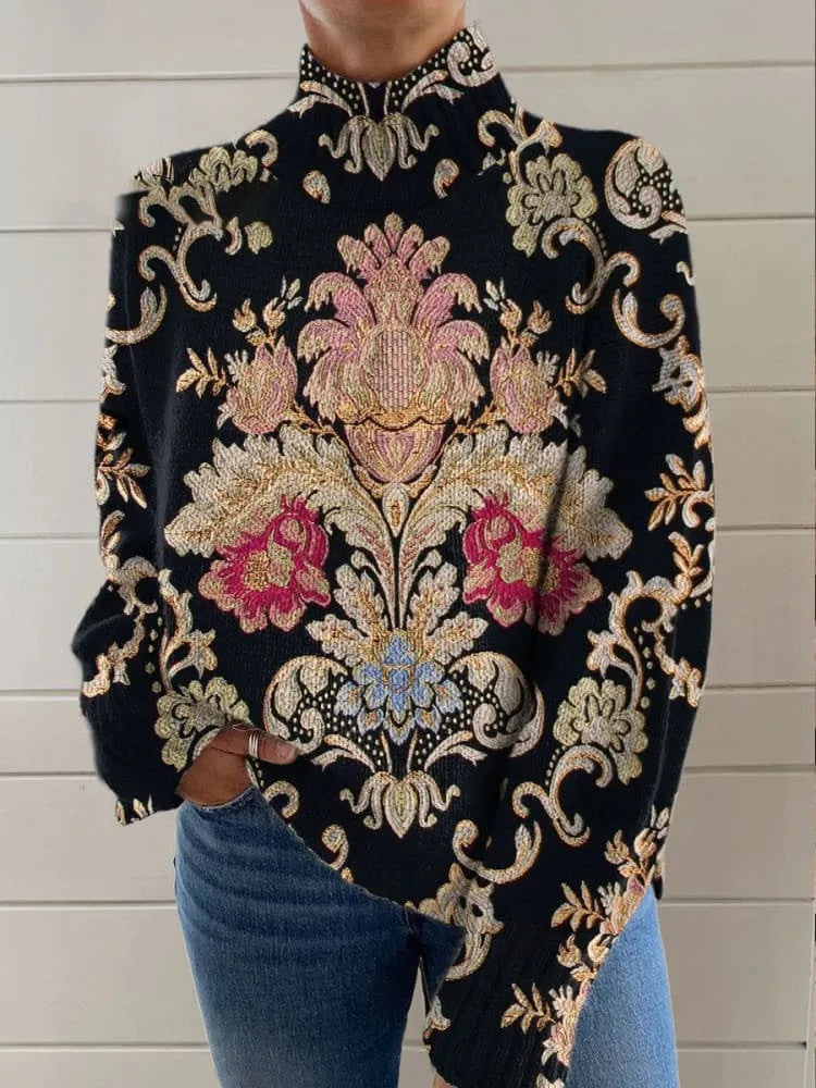 Black line 3D pattern printed turtleneck long sleeve sweater with loose fit