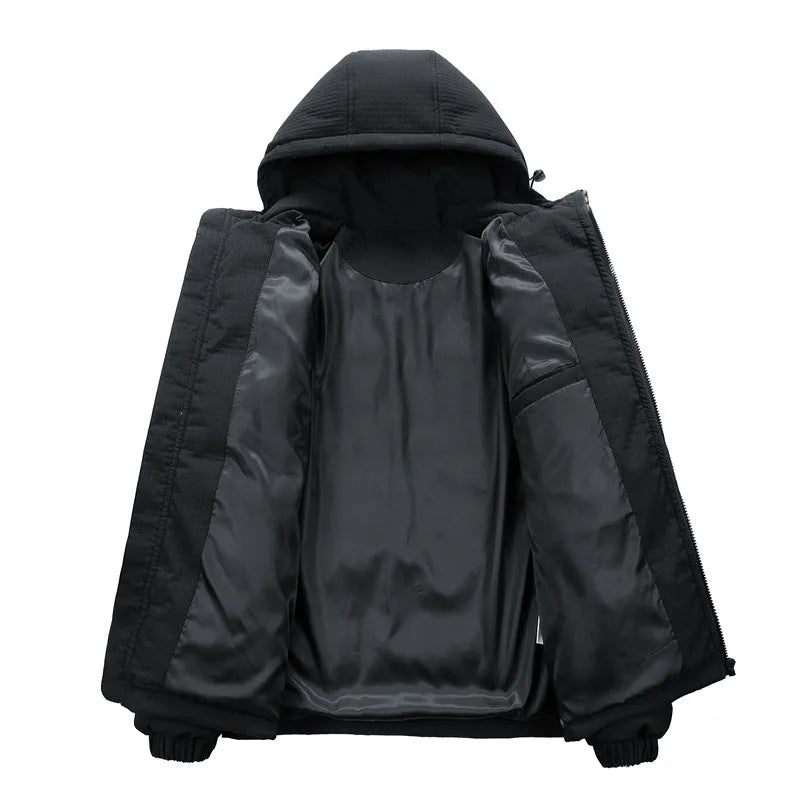 Men's black cotton-padded hooded winter coat with letter print, shown in a cardigan style.