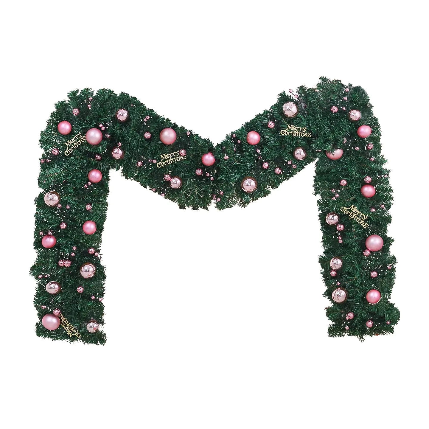 Pink artificial Christmas rattan garland with small berries and warm white LED lights draped on a mantelpiece.