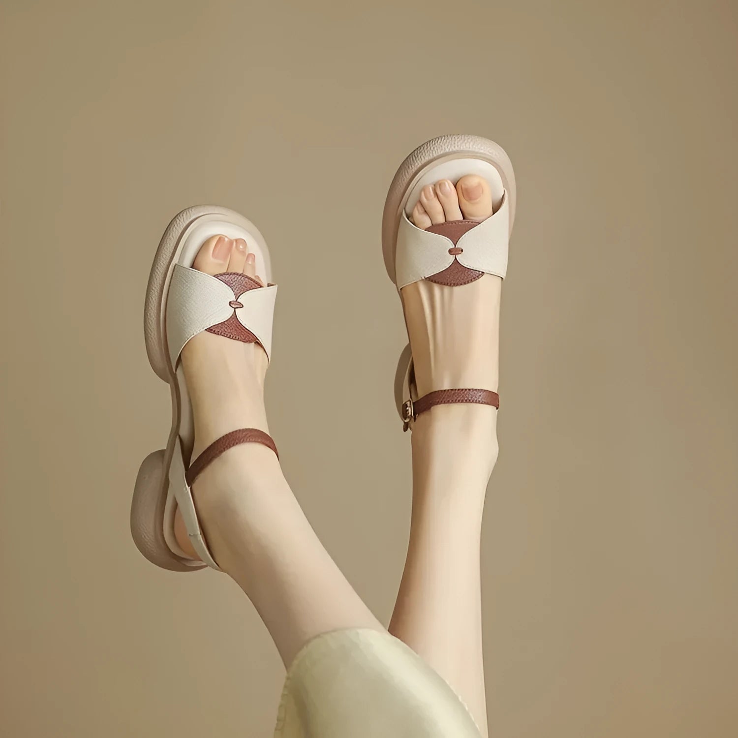 Women's chunky heel platform sandals with open toe design in renewable leather, khaki colour