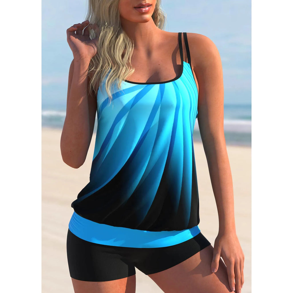 Plus size swimsuit set with printed strap top and matching shorts for women