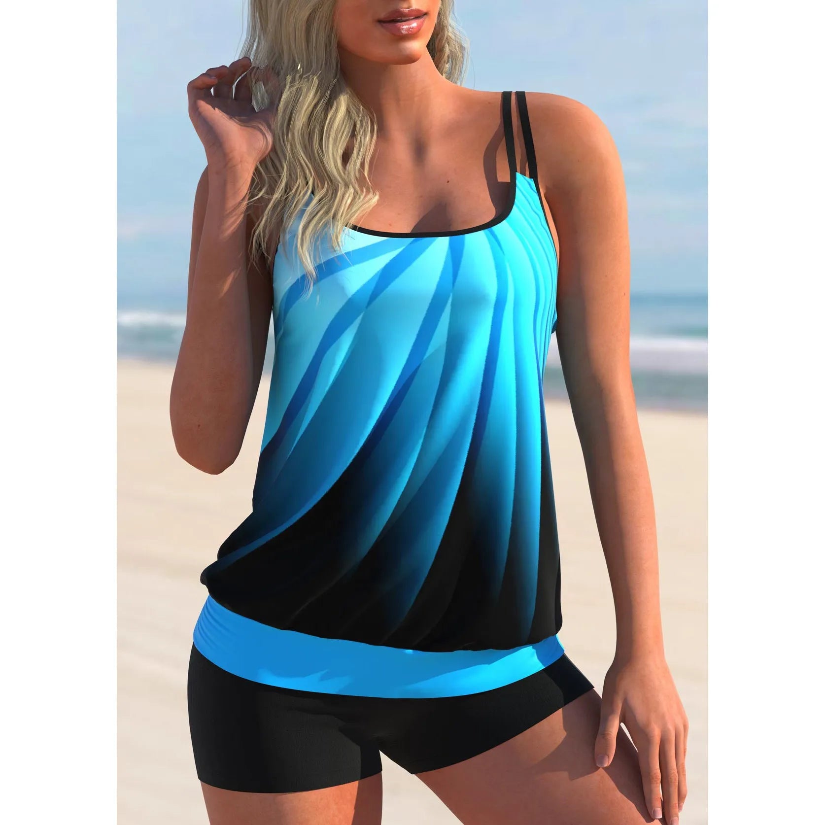 Plus size swimsuit set with printed strap top and matching shorts for women