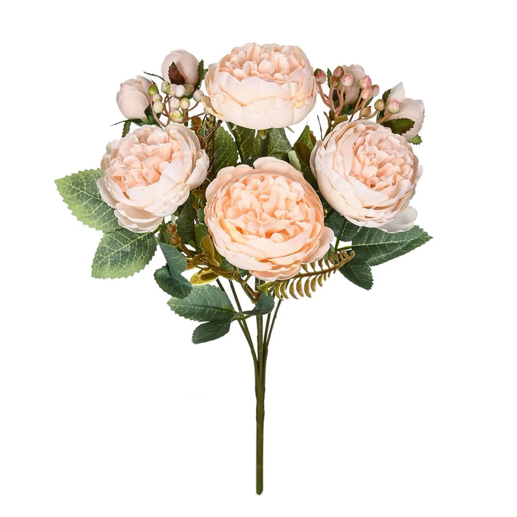Silk artificial peony flower bouquet in multiple colour options including champagne and sand red.