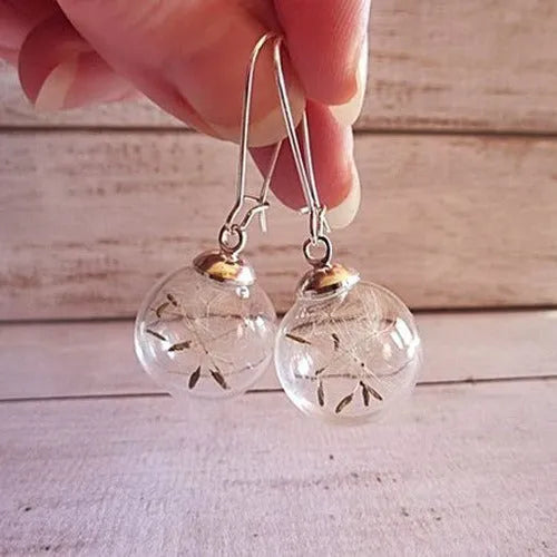 Transparent glass ball earrings with dandelion seed design on a French hook in silver finish.