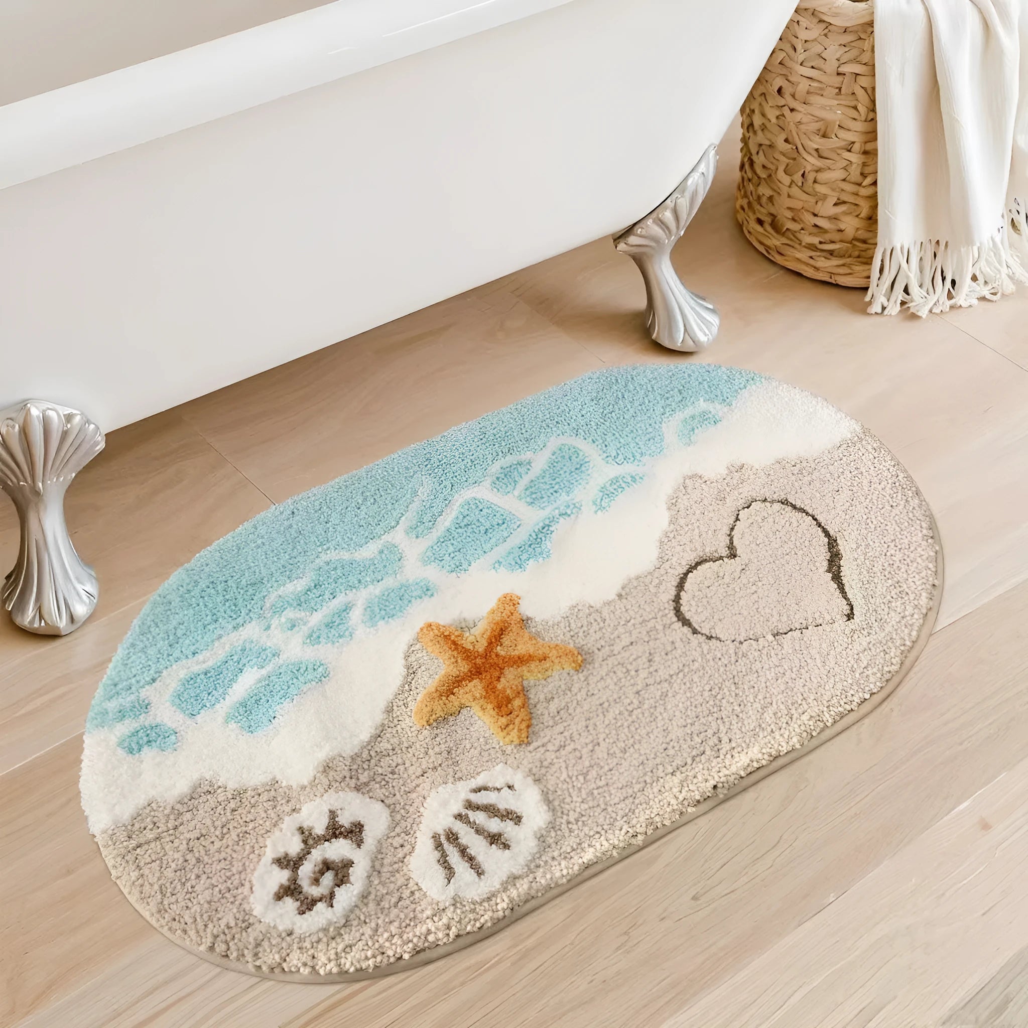 Sky Sea colour Rainbow print imitation cashmere floor mat with plastic anti-slip bottom, shown in square format.