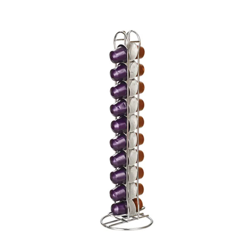 Black wrought iron coffee capsule storage rack holding 20 capsules on two shelves