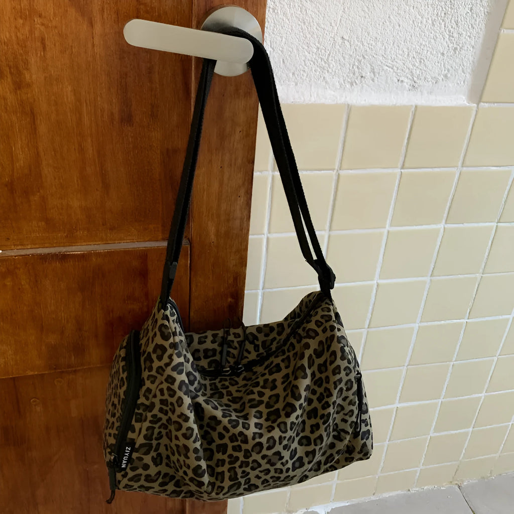 Leopard print cross-body messenger bag with sports style design and large capacity