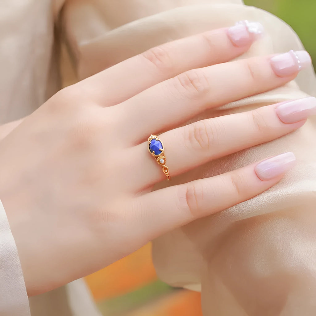 Japanese style geometric silver ring with blue lapis lazuli stone ellipse design