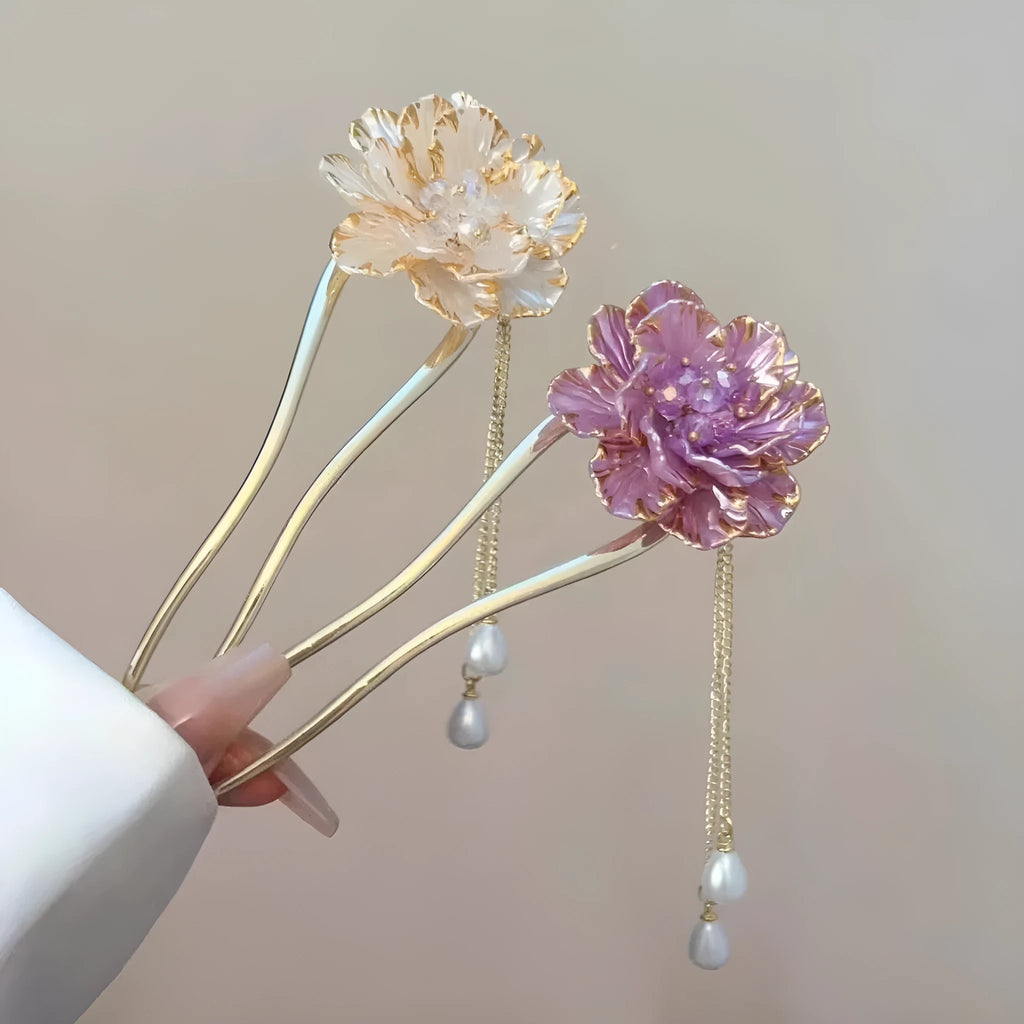 Purple and white peony flower U-shaped hairpin with tassel design on alloy barrette