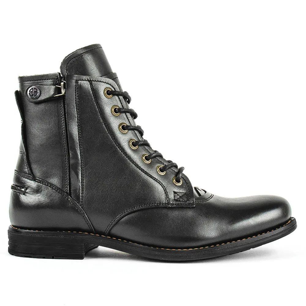 Knight Series black leather boot with side zipper and low heel on a plain background.
