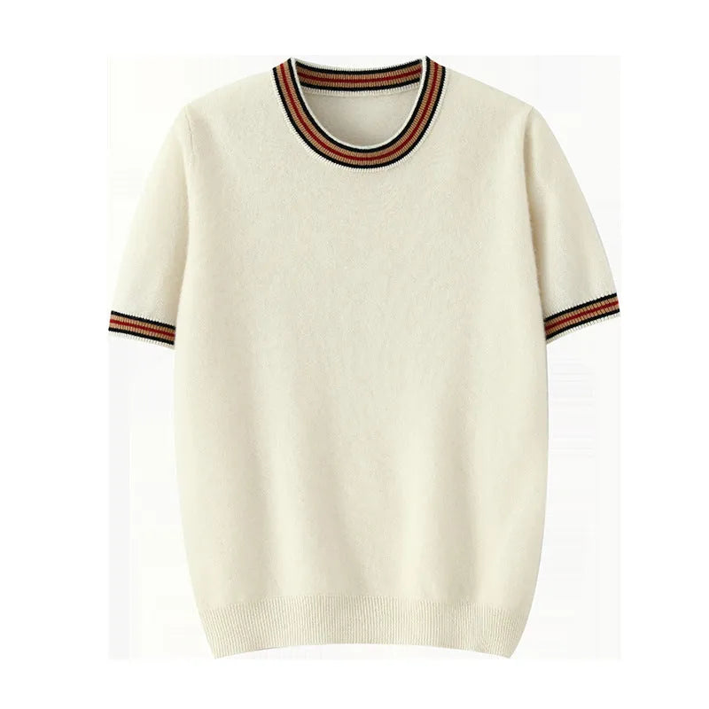 Men's short sleeve pure wool round neck sweater in black, grey, or white.