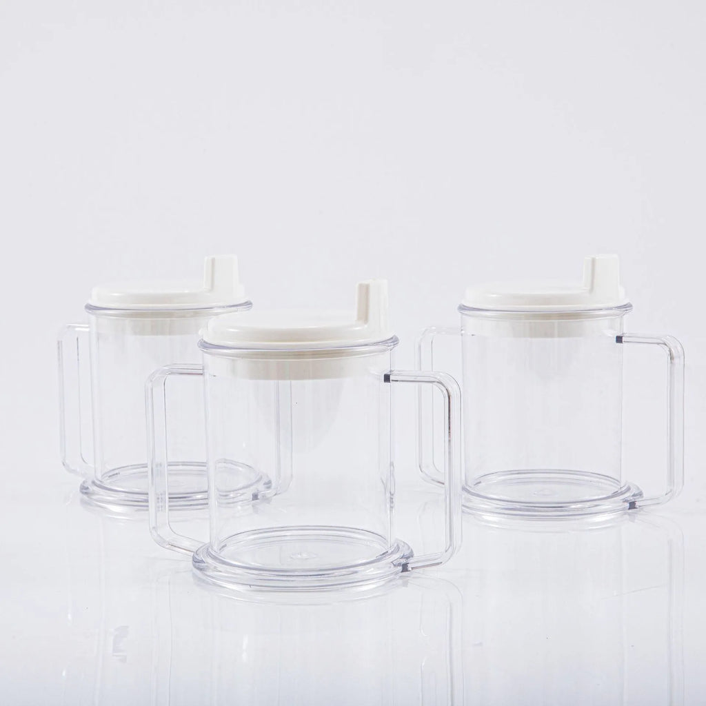 Transparent solid colour spill-proof drinking cup made from lightweight PP material.