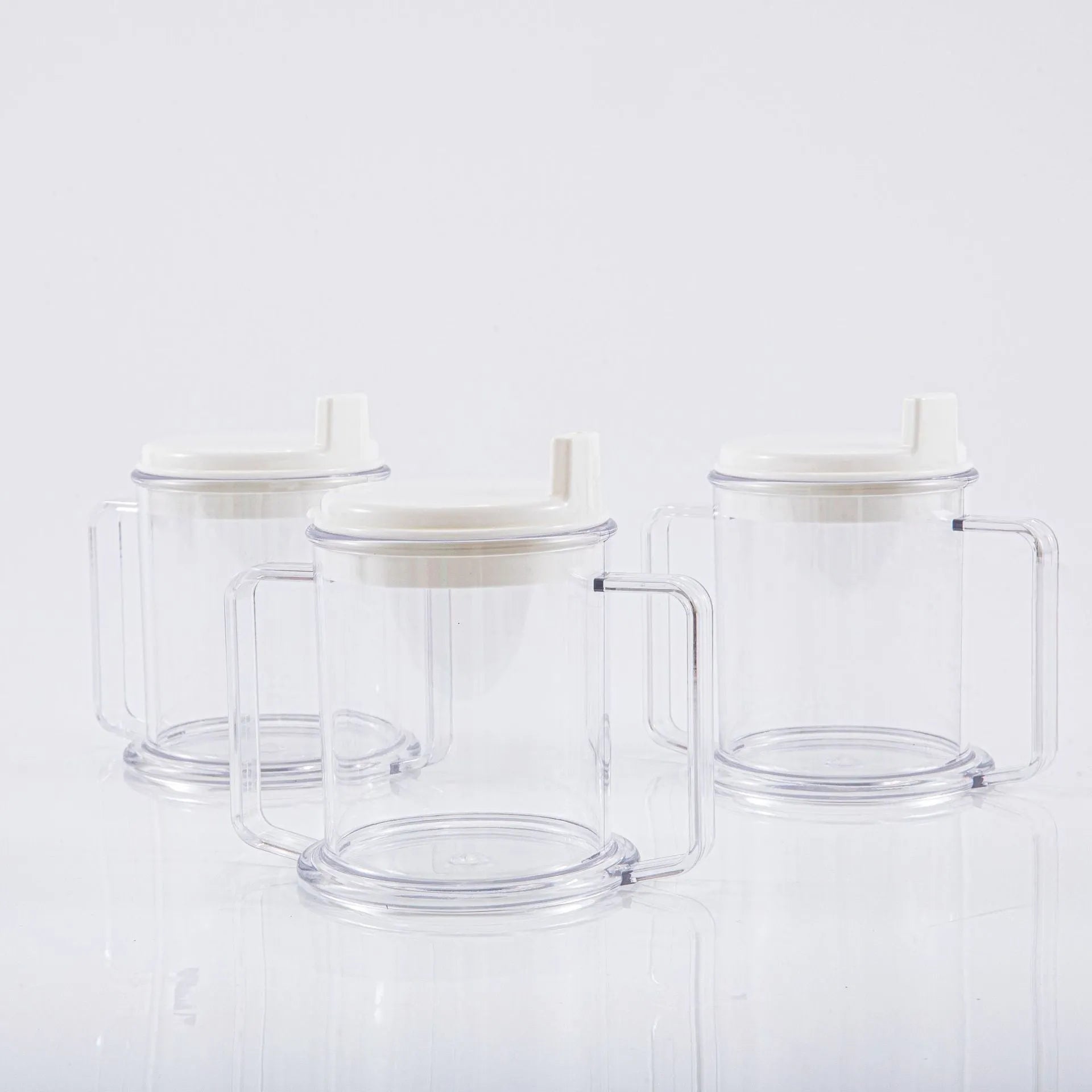 Transparent solid colour spill-proof drinking cup made from lightweight PP material.