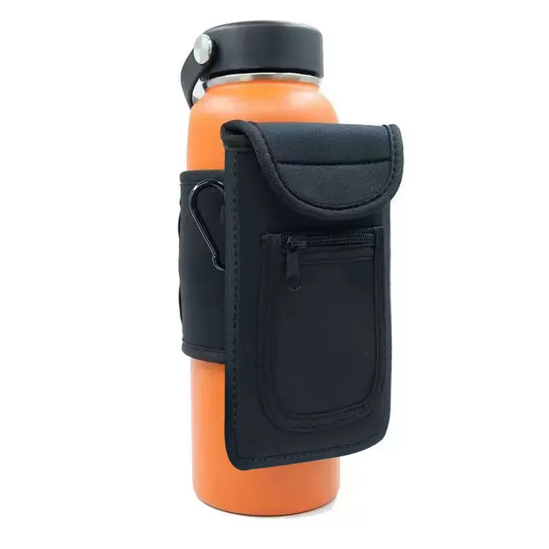 Fabric kettle cup sleeve with magnetic or carabiner attachment for outdoor sports bottles