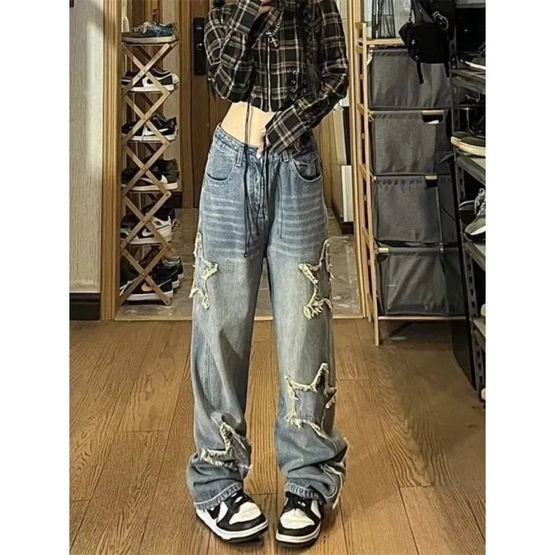 Blue women's straight-leg jeans with high waist design showing front and back views