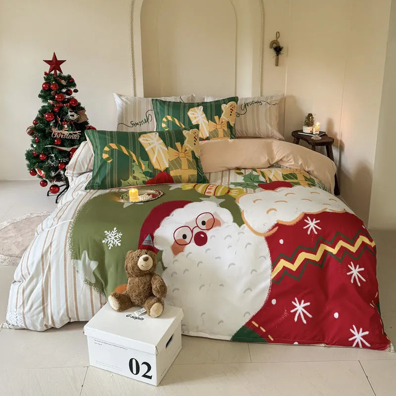 Christmas cartoon print bedding four-piece set showing sheet, duvet cover, and pillowcases.