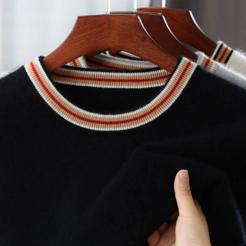 Men's short sleeve pure wool round neck sweater in black, grey, or white.