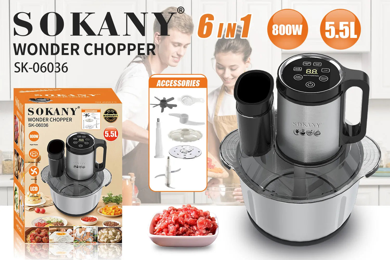 Stainless steel semi-automatic meat grinder with vegetable cutting and sausage making functions