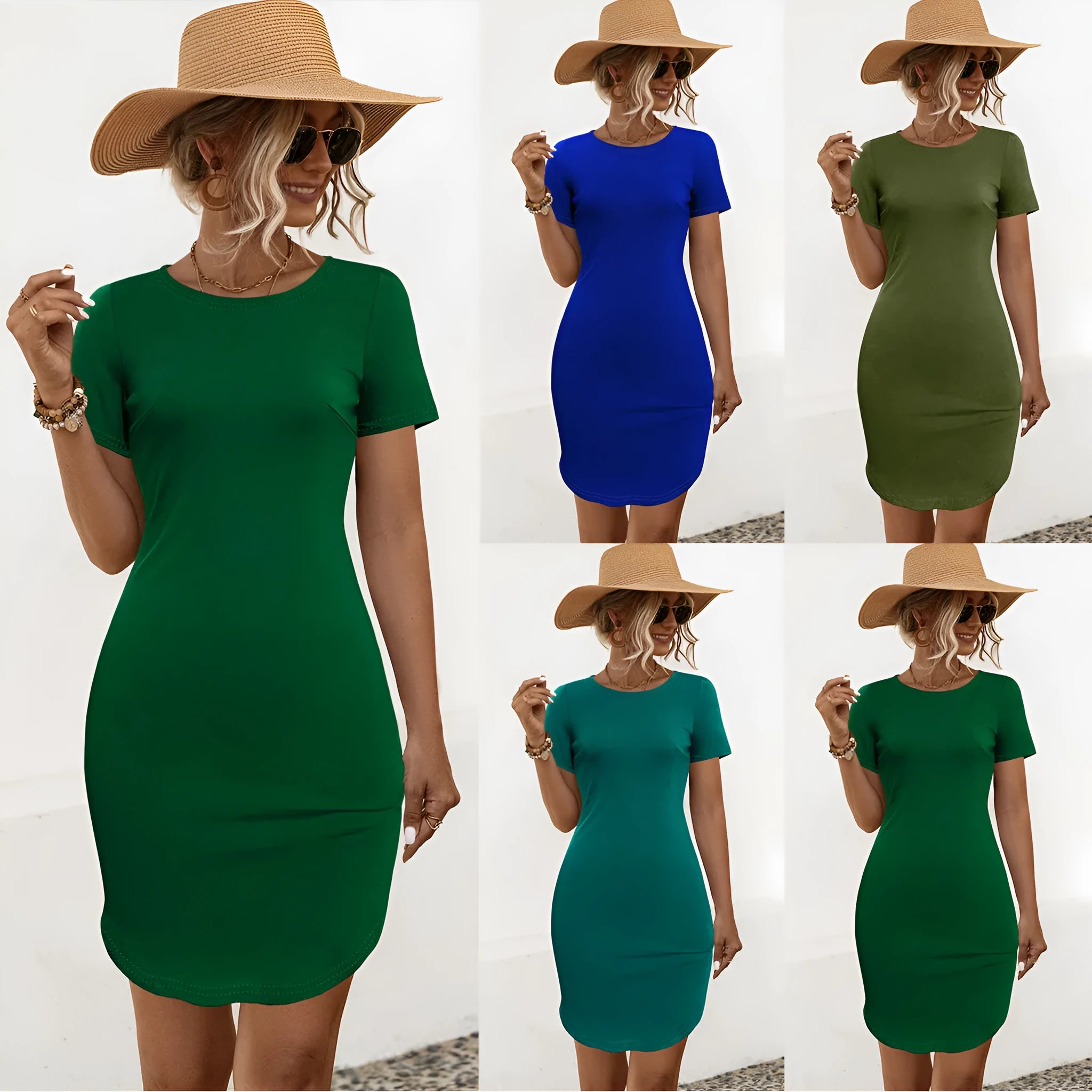 Women's dark green cotton blend short sleeve dress with U-shaped neckline and slim fit